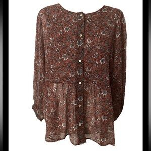 Lucky Brand Babydoll Brown Floral Button Down Blouse Fall Tones Size Large